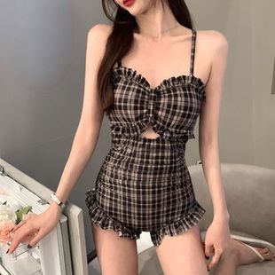 2024 Women's New Swimwear Hot Spring Korean ins Plaid Slim Fairy Fan Siamese Leaky Back Small Chest Gathering