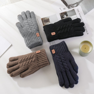 Autumn and Winter Men's and Women's Couple's Korean Style Thickened Solid Color Knitted Wool Warm fleece-lined Touch Screen Driving Gloves