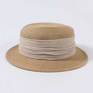 British Vintage Straw Hat Women's Summer Casual Sunshade Hat Short-brim Pleated Straw Top Hat Flat Top Sun Hat
