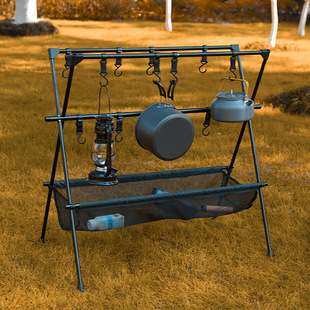 Outdoor Double-layer Triangle Hanger Barbecue Camping Storage Rack Folding Portable Drying Net Rack Camping Aluminum Alloy Hanging Rod