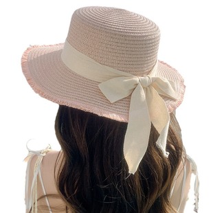 Summer big brim sun hat fashion flat top linen ribbon bow straw hat outdoor seaside sun protection sun hat for women