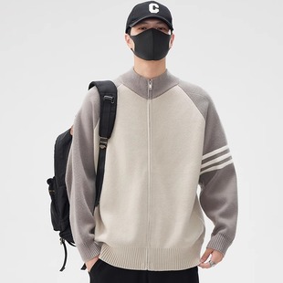 Trendy Brand Stitching Contrast Cardigan Sweater Men's Autumn and Winter New American Style Lazy Style Knitwear High Street Puffy Handsome Jacket