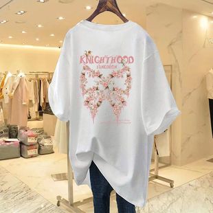 Cotton plus size Loose Mid-length Shirt Women's Short-sleeved Printed Summer New European Large Version Loose Base Shirt Trendy