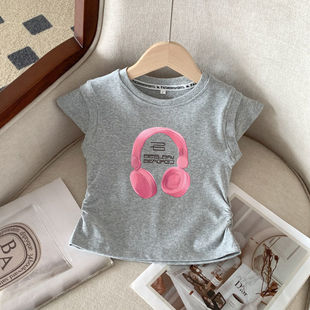 2025 Girl's Stylish Summer Bottoming Top New Fashionable Korean Style Children's Headphones Sleeveless Short Cotton T-Shirt