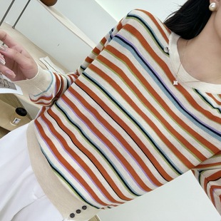Autumn Striped Wool Knitwear Women's Pullover Crew Neck Long-Sleeved Base Shirt Bottom Split Button Top