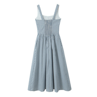 Sexy Women's Summer Pastoral Style Mid-Length Skirt Blue Plaid Sling dress Summer Women's College Style Vacation Dress