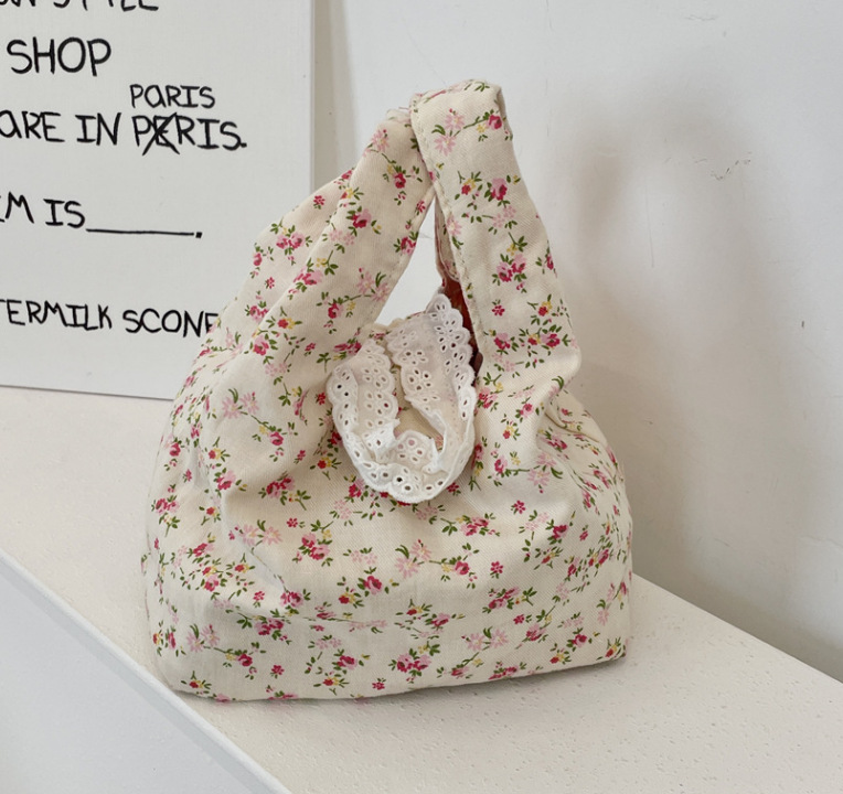 54171 Cute Floral Canvas Handbag for Work, Small Tote Bag, Summer Bag, Korean Style Wrist Bag