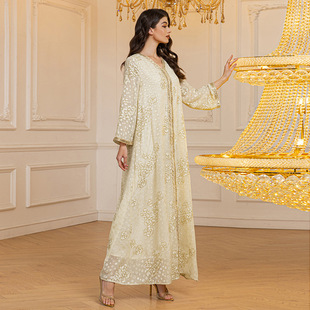 XQY500383 Cross Border Middle East Muslim Robe 2025 Spring New Jacquard Chiffon Sequin Ribbon Long Dress
