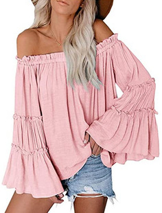 Wish Amazon eBay AliExpress European and American Cross-border Autumn One-character Collar Floral Casual Loose Women's Top