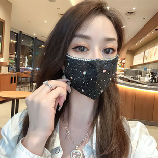Autumn and Winter new accessories tulle double-layer cotton breathable rhinestone mask high-looking face slimming decorative mask for women