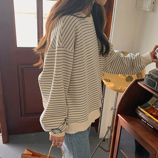 Strict selection of falling shoulder sleeve striped long sleeve sweater women's niche design sense slimming Oversize spring and summer cross-border top tide