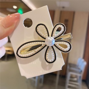 Fashionable elegant ins style Pearl bow hairpin side clip chic texture rhinestone flower duckbill clip bangs clip