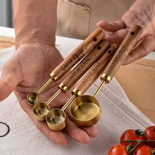 Factory in stock stainless steel acacia handle measuring cup measuring spoon 8 piece set baking tools baking measuring spoon measuring cup