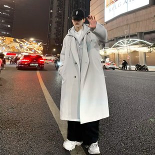 2024 Winter Black Coat Korean Men's Over-the-Knee Long Coat Trendy Handsome Jacket for Youth Loose