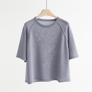Broken gold streamer gold and silver silk imported paper yarn spring and summer new round neck raglan sleeve loose sweater women's 16162