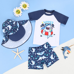 Children's swimsuit boys' swimsuit split short-sleeved shorts boxer devil hat sun protection round neck cartoon big shark little children