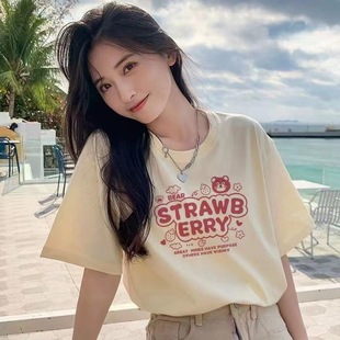 New Short-sleeved T-shirt Women's 2025 Summer Korean-style Casual Cotton Loose Design Niche Printed Top Ins Trendy
