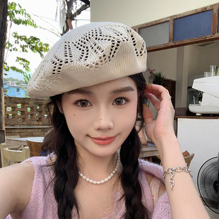 Japanese Style Sweet Hollow Woven Beret Children's Cute Thin Breathable Painter's Hat Showing Face Small Vacation Concave Shape