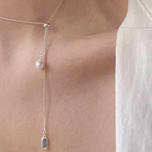 Pearl Square Brand Pull Necklace Women's Summer Choker Two-Wear Ins Style Necklace Chain Light Luxury Niche Design Clavicle Chain