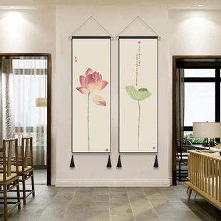 Zen Chinese lotus tea room study fabric hanging painting living room bedroom background wall covering background decorative painting hanging cloth
