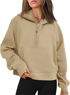 2023 autumn and winter Amazon independent station New Fashion Casual Sports half zipper hooded short fleece-lined sweater