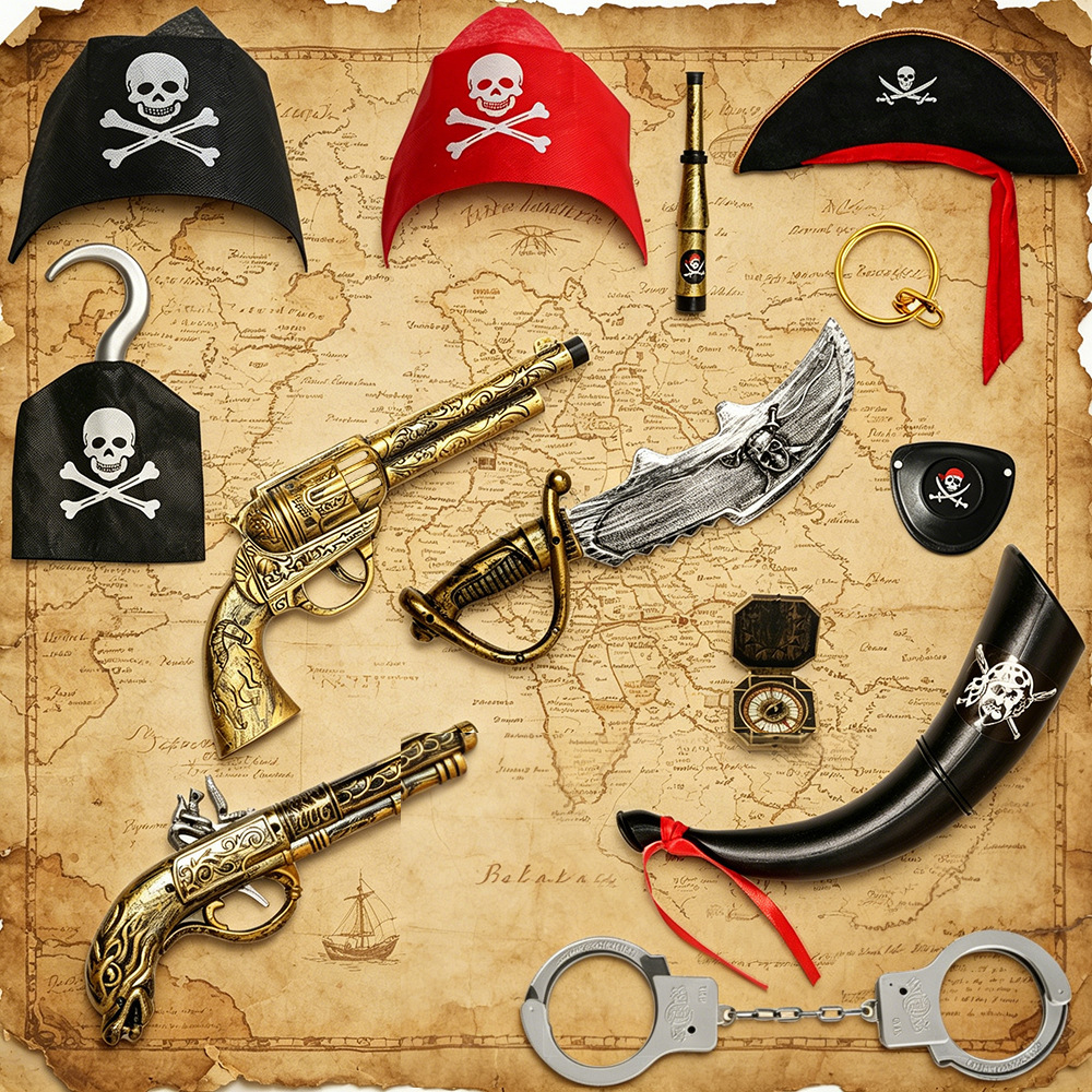 Halloween Pirate Prop Set, Caribbean Captain's Hat, Hook, Eye Mask, Headscarf, Pirate Horn, Treasure, Pirate Gun