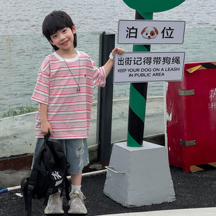 Naughty Rabbit 2025 Летняя модель для мальчиков Huzhou Zhili Детская одежда Love Label Большая детская футболка в полоску Детские короткие рукава в тон