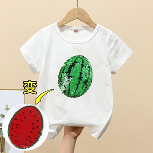 2023 new summer coolomi color-changing sequined children's clothing children's T-shirt girls' short sleeve Western style half sleeve top t