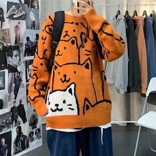 Hong Kong Style Fun Bear Cartoon Casual Knitwear Men's Autumn and Winter Couple Clothing Korean Style Lazy Style Distinctive Sweater