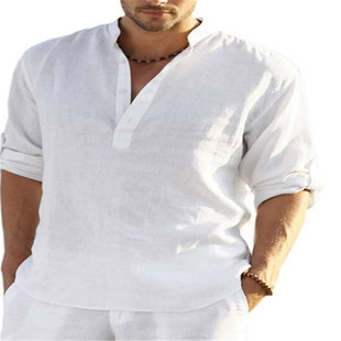 2024 Independent Station Foreign Trade Men's Casual Cotton and Linen Solid Color Long Sleeve Shirt Loose Stand Collar Shirt Men's Trendy Short T Now