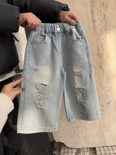 2025 Children's Spring Light Ripped Jeans American Style Boys' and Girls' Mop Pants Loose Straight Pants Trendy Trousers