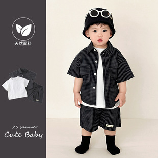Новая стартовая одежда для мальчиков Baby Summer Костюм для детей с короткими рукавами клетчатый набор для новорожденных Летний досуг набор из трех частей