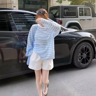 Contrast Striped T-shirt Women's Long-sleeved 2024 Summer New Clothes Casual Loose Thin Sunscreen Blouse Top