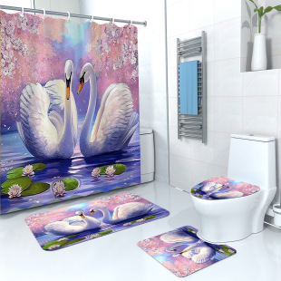Factory custom digital printing shower curtain landscape bird polyester waterproof mildew proof bathroom partition curtain bathroom four-piece set