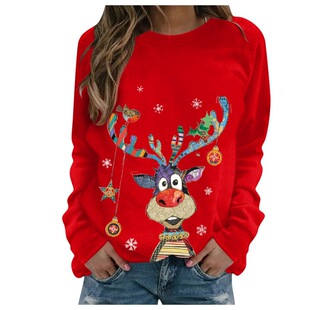 2021 European and American Cross-border Fashion Christmas Series Women's Cartoon Long Sleeve Round Neck Pullover Casual Top