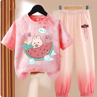 Girls' Suit Summer New Arrival 2024 Fashion Girls' Stylish Short-Sleeved T-Shirt Ice Silk Trousers Two-Piece Set