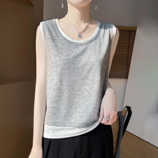 Spring and Summer Real Two-piece Sleeveless Vest Fashionable All-match Elastic Pit Top Women's Hong Kong-style Casual Slim Sling T-shirt