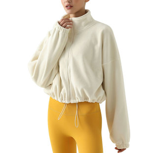 Autumn and Winter fleece-lined stand collar Sports Jacket Women's warm drawstring slim-fit thickened warm fitness running yoga clothes top
