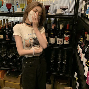 Hot Girl white short-sleeved hollow cat T-shirt women's summer slim-fit short pure style sweet spicy tight shoulder top