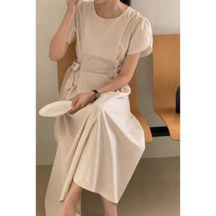 French Elegant Elegant Round Neck Solid Color Lace-up Bow Tight Waist Slimming Dress Color