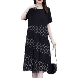 Loose plus size dress 2024 Summer new Korean style belly covering chubby girl slimming fashion stitching printed mesh skirt