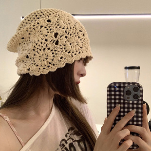 Japanese Style Hand-woven Baotou Hat Women's Spring and Autumn Thin Hollow-out Wool Hat Vintage Artistic Knitted Hat Collection