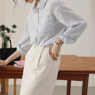 2023 new summer refreshing long-sleeved shirt linen cotton breathable comfortable blue and white striped shirt