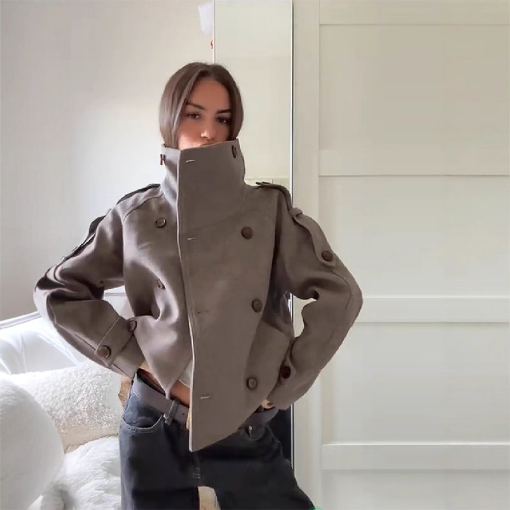 Cross-Border British Commuter Style High-Neck Double-Breasted Loose Short Woolen Coat for Women, Versatile for Autumn and Winter