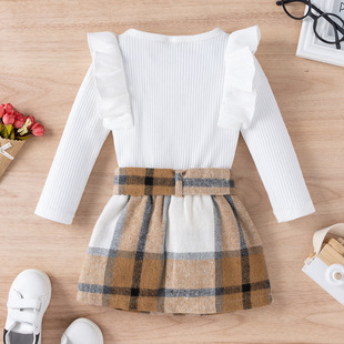 Ebay осень и зима Новый костюм для девочек с рюшами и длинными рукавами, клетчатая юбка на шнуровке, комплект из трех предметов