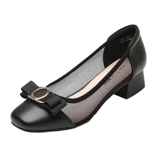 Breathable Mesh Single-layer Shoes Women's Thick Heel 2024 Summer New Arrival Bow Round-toe Thick-soled Sandals Elegant Shallow Mouth Fashion Shoes