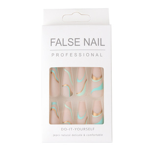 Small Fresh European and American Style Ballet Armor Mint Green Gold Line Personalized Nail Art Wave Pattern Wear Armor Color-matching False Nails