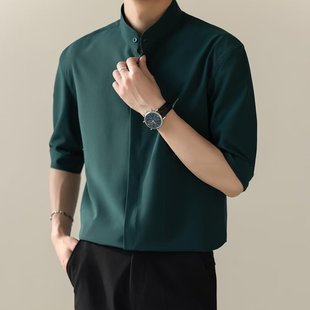 Summer stand collar ice silk short-sleeved shirt men's ins trendy new Chinese style light mature style slim fit iron-free half shirt