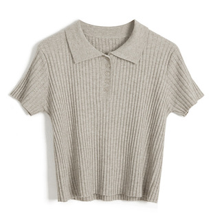 Excellent wool, exposed navel "small waist essence", polo collar high waist knitted short sleeve women's slim fit short jacket spring