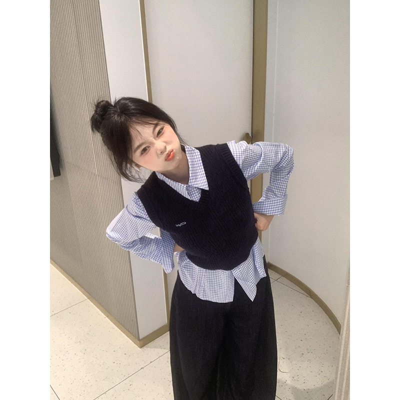 Japanese College Style V-Neck Short Twist Soft Waxy Knitted Vest Sweater Female Student Plaid Shirt Two-piece Suit